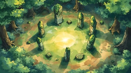 Enchanted forest clearing featuring ancient stone pillars arranged in a circle, bathed in ethereal light.