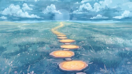 A serene meadow leads to a radiant horizon, stepping stones offer a path to tranquil journeys.