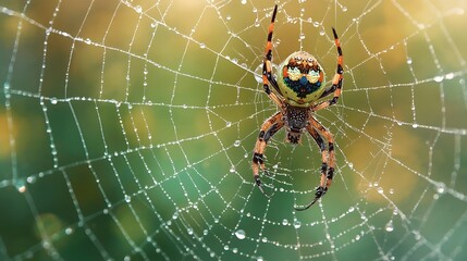 A vibrant spider hangs suspended in its web, glistening with countless dewdrops, a morning marvel.