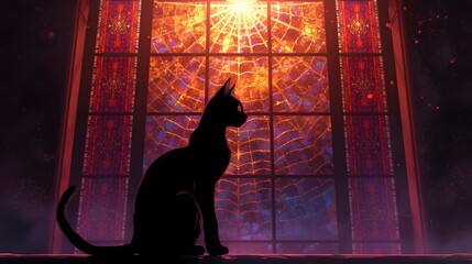 Silhouette of a watchful feline against the radiant backdrop of an old stained glass window design.