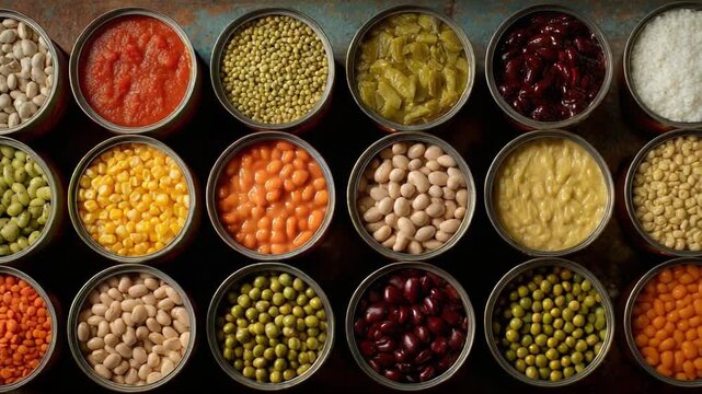 Culinary Variety in Cans: A colorful array of various preserved foods within open cans. The vibrant food scene and diverse selection of ingredients in metal cans.