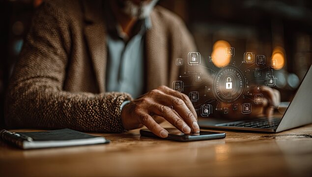 Senior Man in Tweed Jacket Working on Laptop with Floating Data Icons Security Concept at Wood Desk - Powered by Adobe