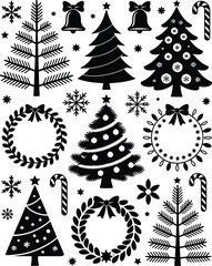 Christmas vector silhouette elements trees snowflakes