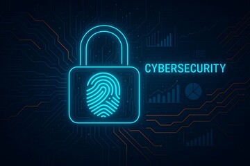 Digital padlock with fingerprint and cybersecurity data charts digital security