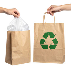 Hands holding a plastic-filled white bag and a brown bag with the recycle symbol, against black