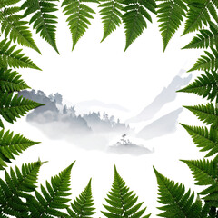 Green fern leaves frame a cutout showing hands cradling clouds, on a black backdrop