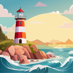 Coastal lighthouse on rocky shore with ocean waves