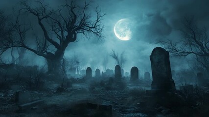 Haunted graveyard with glowing full moon and flying birds across foggy dark night, surrounded by tombstones and bare trees, symbolizing creepy atmosphere, Halloween gothic supernatural mystery, death - Powered by Adobe