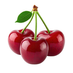 Three ripe, glossy red fruits with green stems and a single leaf, set against a black background