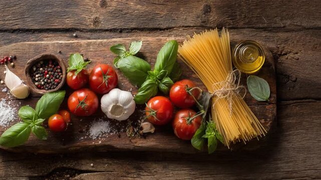 Rustic Culinary Delights: An artful composition of fresh ingredients - ripe tomatoes, aromatic basil, spaghetti, garlic, and spices - adorn a wooden board, inviting a culinary journey.