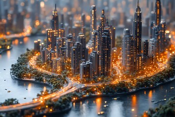 Fototapeta premium Nighttime city skyline with glowing lights and reflections high resolution photo