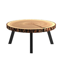 A round, rustic wooden coffee table, made from a tree slice with dark metal legs, isolated