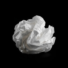 ultra realistic close up of partially crumpled white tissue paper ball isolated on pure black background