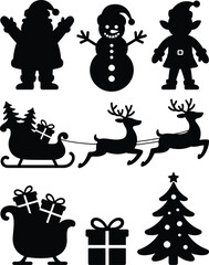 Christmas vector silhouettes of Santa snowman elf reindeer sleigh gifts tree