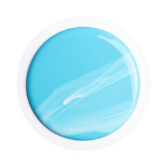 Close-up of a round container filled with vibrant, light-blue translucent gel on a black background