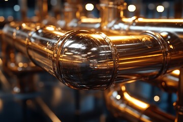 Naklejka premium Close up of polished copper pipes in industrial setting warm lighting intricate details high resolution photo