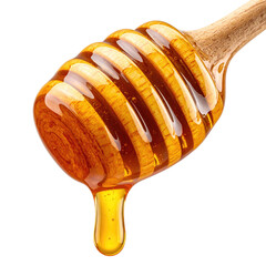 Close-up of a wooden honey dipper dripping golden, viscous liquid against a black background