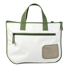 White tote bag with green trim and handles, featuring a zipper pocket and small side pocket