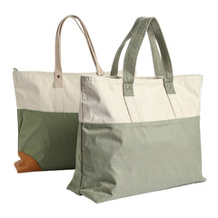 Two-tone tote bags with cream and green color blocking, featuring leather accents