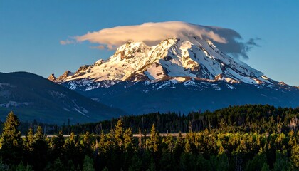 Majestic mountain peak with snow cap at sunrise