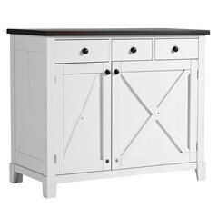 White cabinet with dark countertop, drawers, and doors featuring an X design