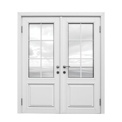 Elegant white double doors with window panels, showcasing an ocean view through glass panes