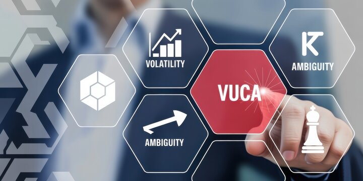 Navigating the VUCA World: A modern and strategic depiction of the VUCA framework, with hands interacting with its key components and symbols, representing complexity in the modern world.