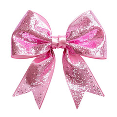 A glamorous, sparkly pink bow, rendered in high detail, against a stark black background