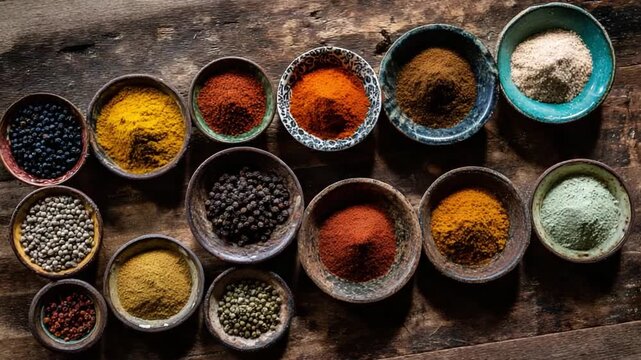 Aromatic Spice Collection: An array of vibrant spices artfully arranged in small bowls, offering a feast for the senses. This image evokes the essence of global cuisine and culinary adventures.