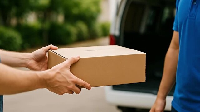 Efficient parcel delivery: Hands exchanging a brown cardboard box from a courier to a recipient outdoors
