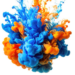 Dynamic, vibrant explosion of blue and orange liquid swirling against a dark backdrop