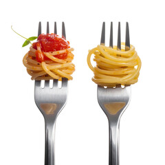 Two forks display twirled pasta. One has red sauce, the other plain, against black