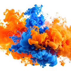 Vibrant explosion of orange and blue, swirling together against a stark black backdrop