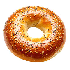 Golden-brown sesame seed bagel, perfect form, isolated on black. Close up, well-lit