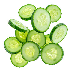 Vibrant green cucumber slices floating against a black background