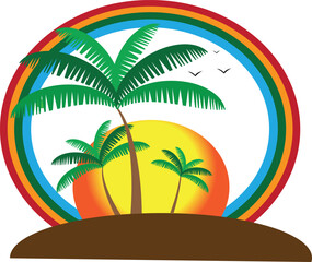 Fototapeta premium Tropical Paradise Sunset with Palm Trees and Rainbow