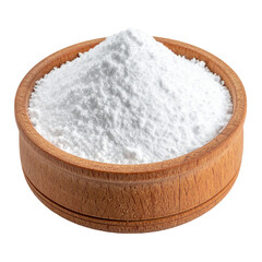 A wooden bowl filled with a mound of fine, white powder, against a black backdrop