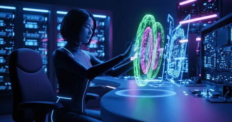 Designer creating neon wireframe pulsing loops in a retro futuristic lab with glowing neon light in 3D motion graphics - Powered by Adobe