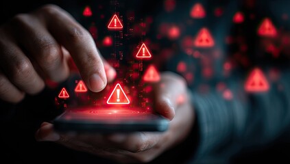 Warning Alert Mobile Notification with Person Using Cellphone and Red Triangle Exclamation Point Holograms Floating Around on Dark Background