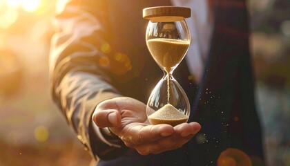 Man in suit holding hourglass with sand, creative style, soft grey background, Generated with AI.