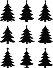 Black Christmas trees star silhouette vector