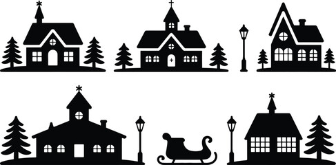 Winter village scene vector silhouette houses