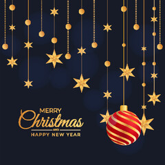 Realistic christmas dark background and rad ball golden star with golden snow and christmas light