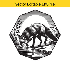 Vector art of hexagonal framed vector graphic of a fox drinking water