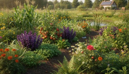 Obraz premium Medium shot depicting diverse plants and beneficial insects coexisting in a biodynamic farm promoting ecosystem balance.