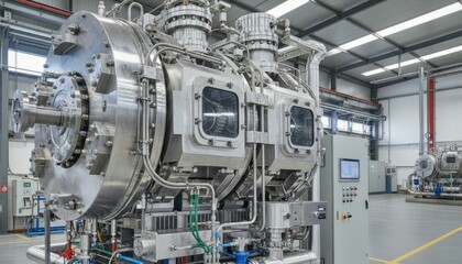 Large vacuum equipment in modern factory workshop, industrial metal machinery for high-tech manufacturing, engineering and precision process.