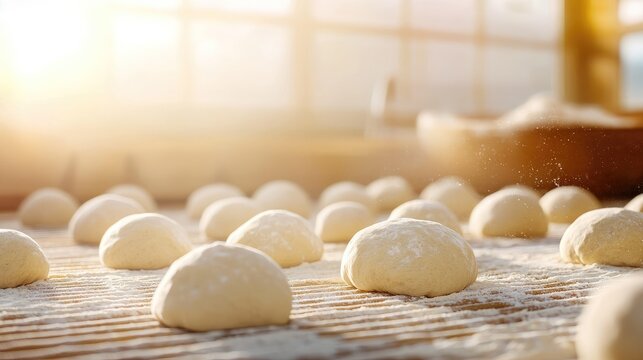 Freshly kneaded sourdough dough balls resting on a floured surface in a warm, sunlit bakery, showcasing the art of artisan bread-making and the love for sourdough. - Powered by Adobe