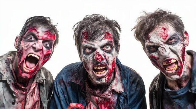 Three zombies with blood and gore standing in front of a white background looking at the viewer/halloween day