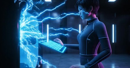 Technician operates cutting-edge digital scanner with vibrant neon pulses - Powered by Adobe