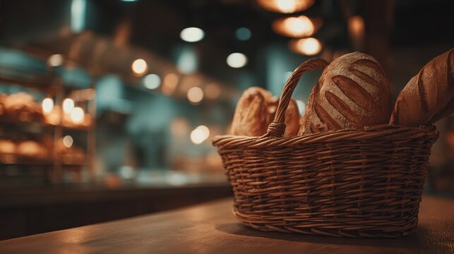 Medium shot of artisanal bread basket with detailed crust patterns in focus bakery ambiance gently blurred to enhance warm artisanal vibe